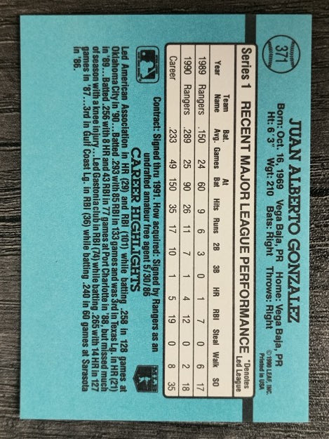 1991 Donruss #371 Juan Gonzalez