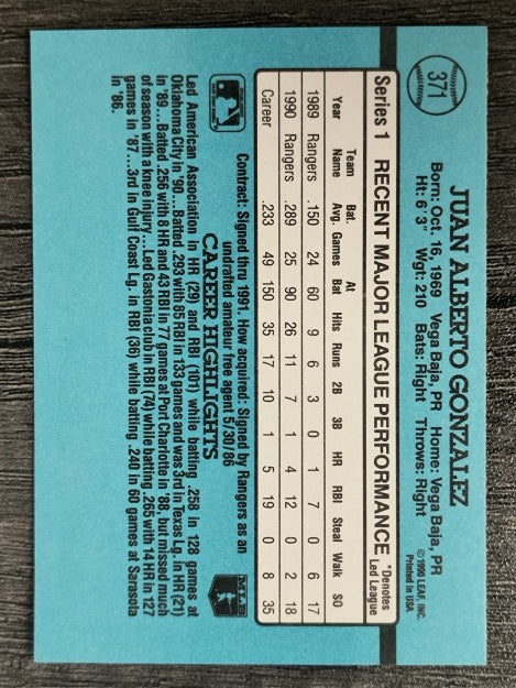 1991 Donruss #371 Juan Gonzalez