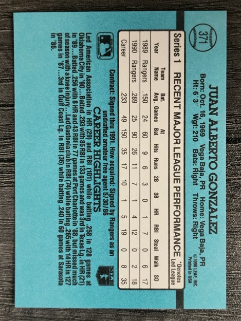 1991 Donruss #371 Juan Gonzalez