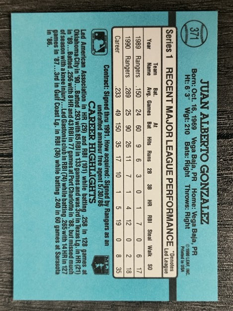 1991 Donruss #371 Juan Gonzalez