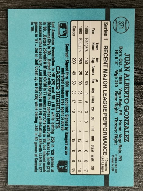 1991 Donruss #371 Juan Gonzalez