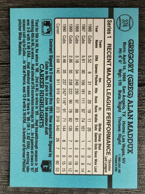 1991 Donruss #374 Greg Maddux
