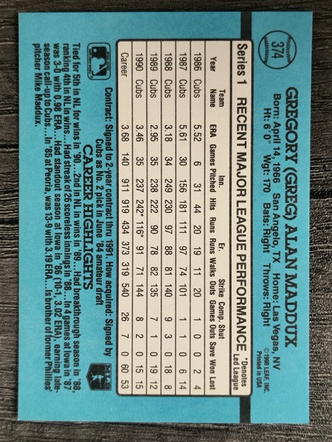 1991 Donruss #374 Greg Maddux