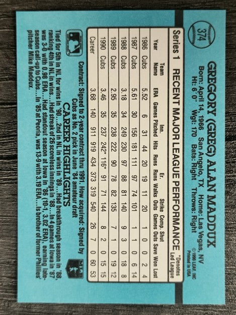 1991 Donruss #374 Greg Maddux