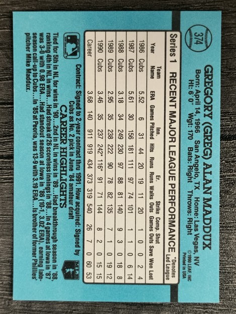 1991 Donruss #374 Greg Maddux
