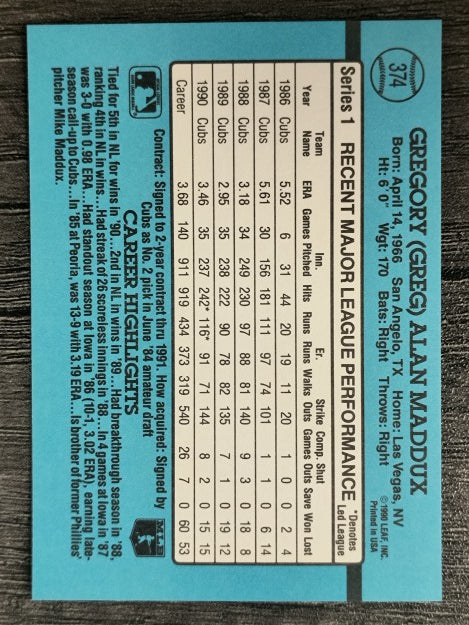1991 Donruss #374 Greg Maddux