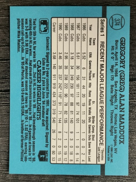 1991 Donruss #374 Greg Maddux