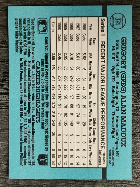 1991 Donruss #374 Greg Maddux