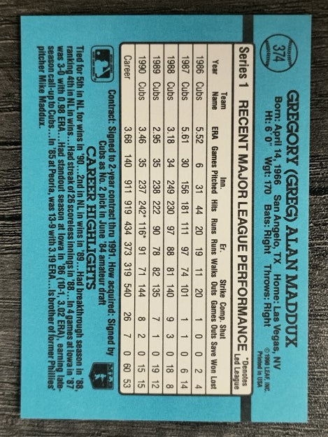 1991 Donruss #374 Greg Maddux