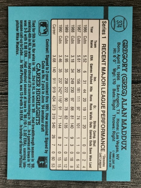 1991 Donruss #374 Greg Maddux