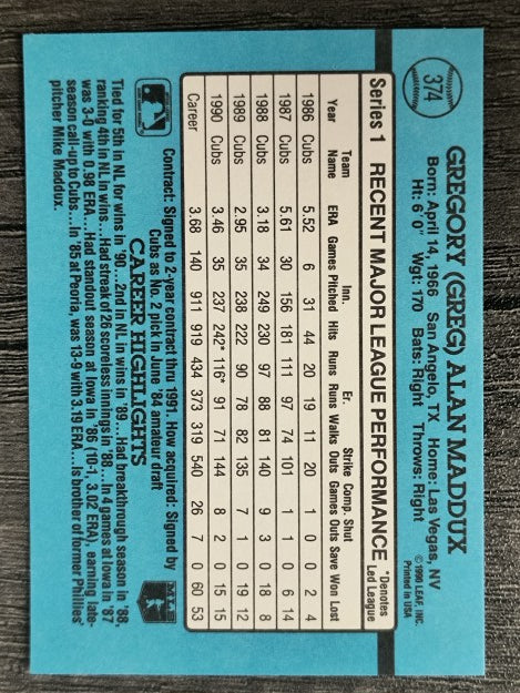 1991 Donruss #374 Greg Maddux