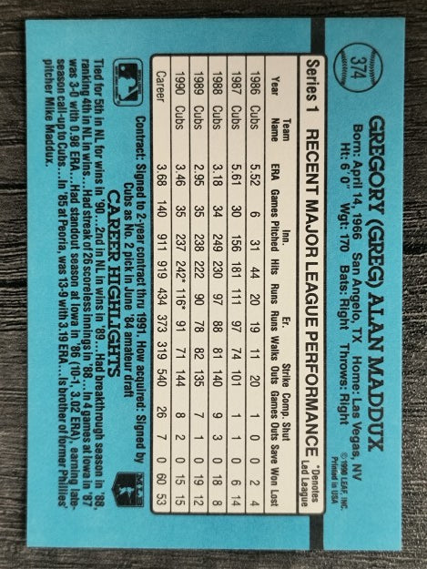 1991 Donruss #374 Greg Maddux