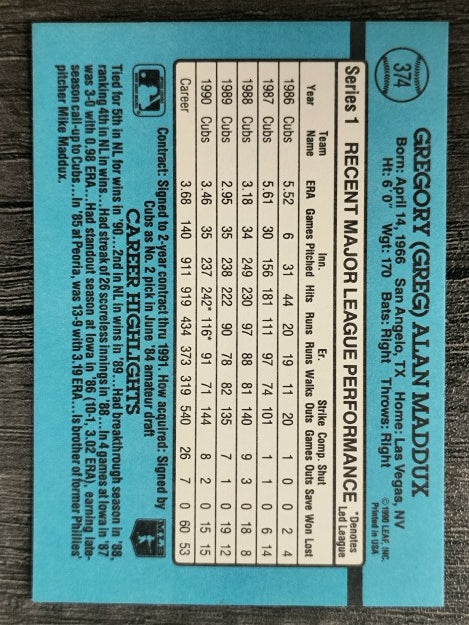 1991 Donruss #374 Greg Maddux