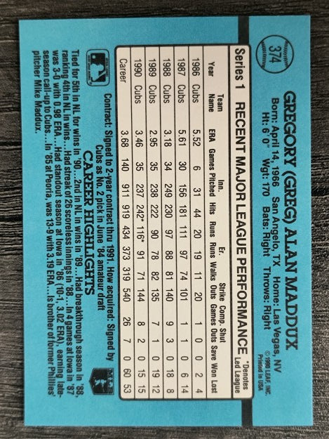 1991 Donruss #374 Greg Maddux