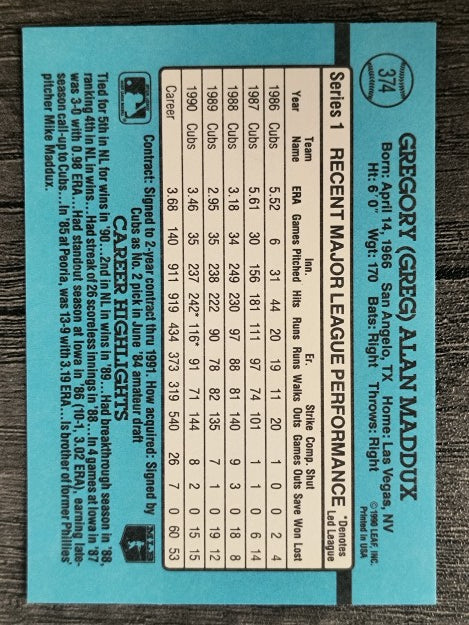1991 Donruss #374 Greg Maddux