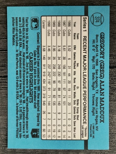 1991 Donruss #374 Greg Maddux