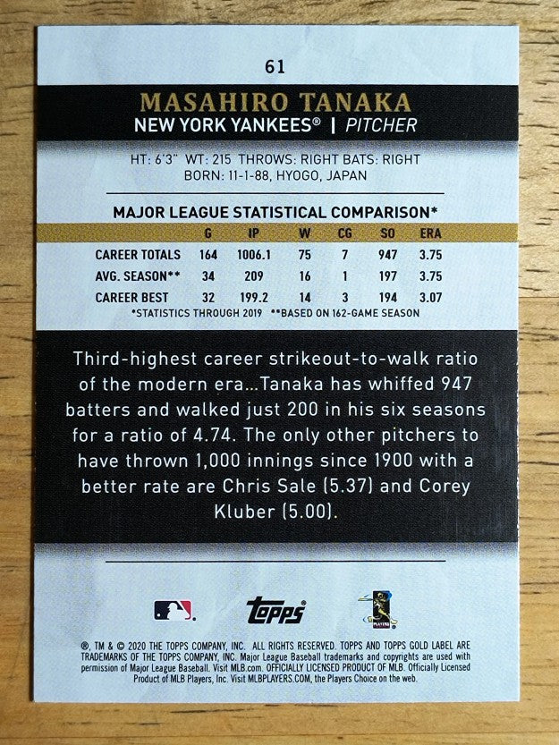 2020 Topps Gold Label Class 1 #61 Masahiro Tanaka