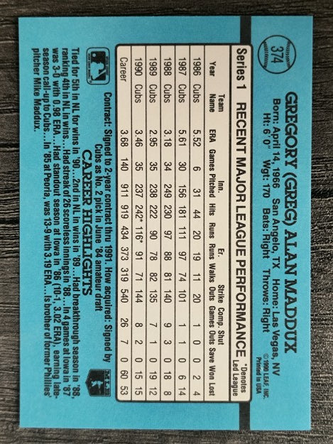 1991 Donruss #374 Greg Maddux