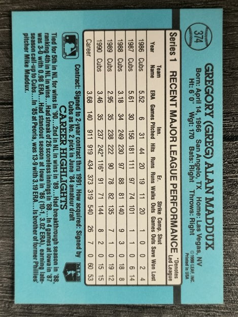 1991 Donruss #374 Greg Maddux