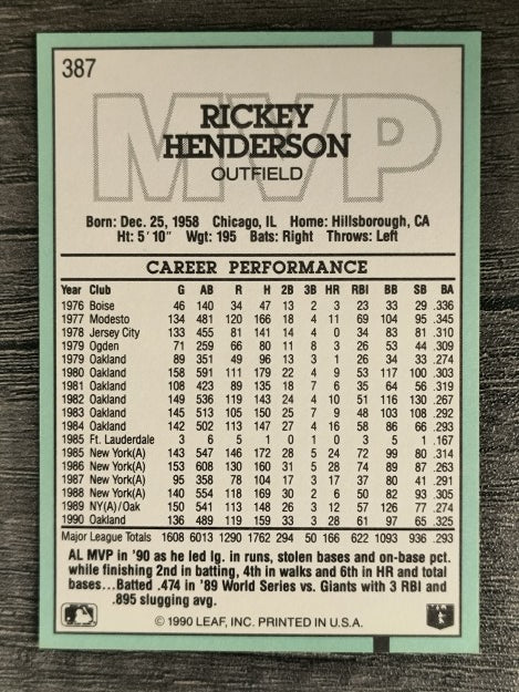 1991 Donruss #387 Rickey Henderson MVP