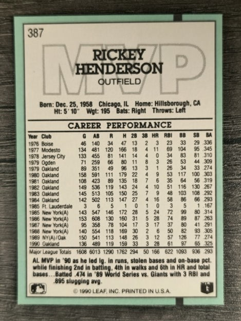 1991 Donruss #387 Rickey Henderson MVP