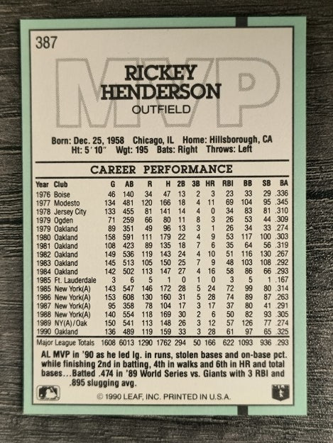 1991 Donruss #387 Rickey Henderson MVP