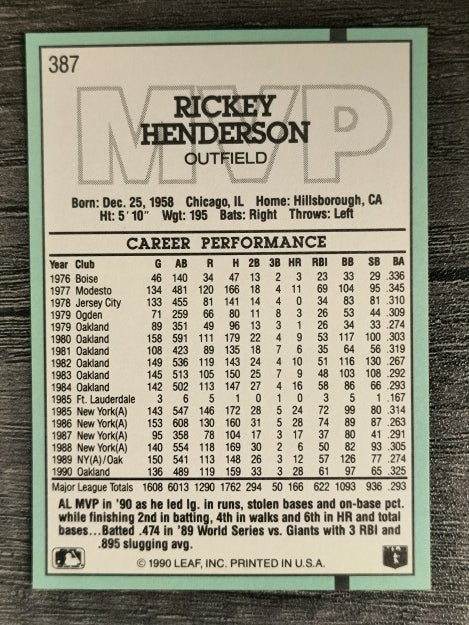 1991 Donruss #387 Rickey Henderson MVP
