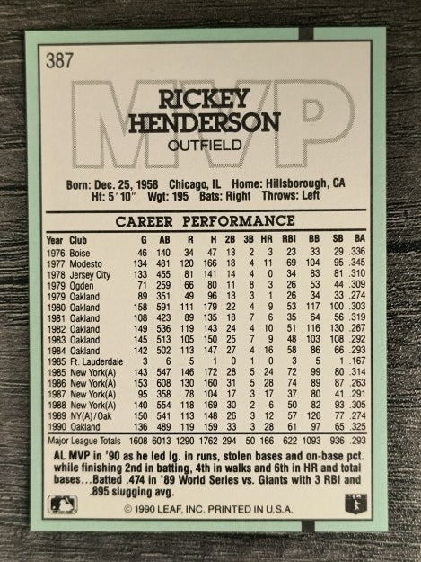 1991 Donruss #387 Rickey Henderson MVP