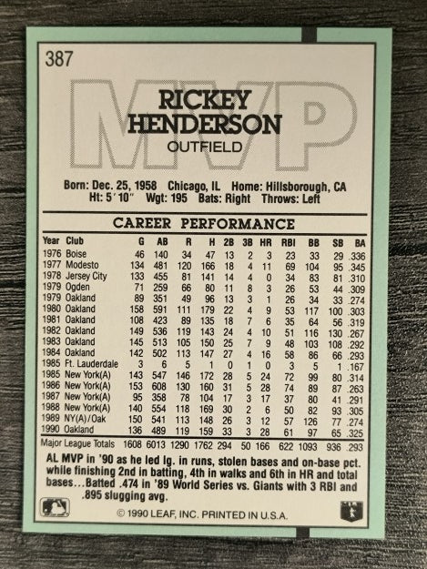 1991 Donruss #387 Rickey Henderson MVP