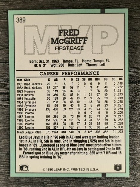 1991 Donruss #389 Fred McGriff MVP