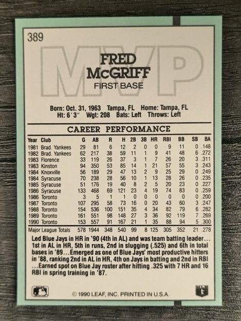 1991 Donruss #389 Fred McGriff MVP
