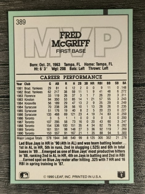 1991 Donruss #389 Fred McGriff MVP