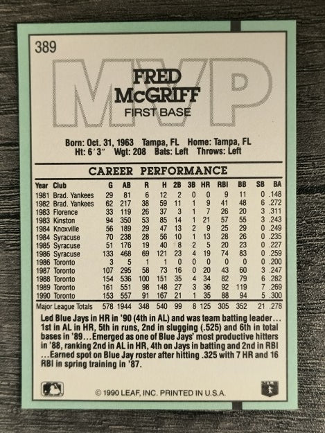 1991 Donruss #389 Fred McGriff MVP