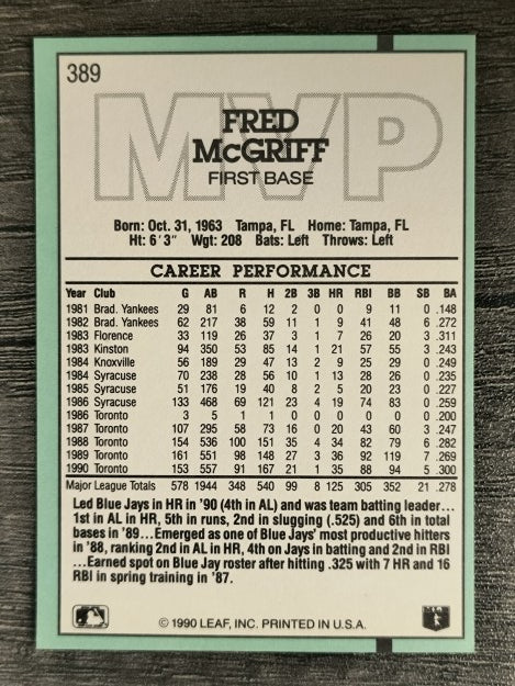 1991 Donruss #389 Fred McGriff MVP