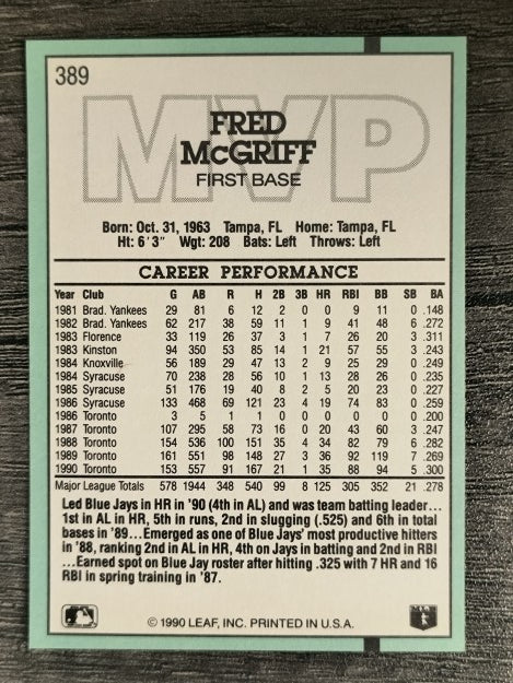 1991 Donruss #389 Fred McGriff MVP