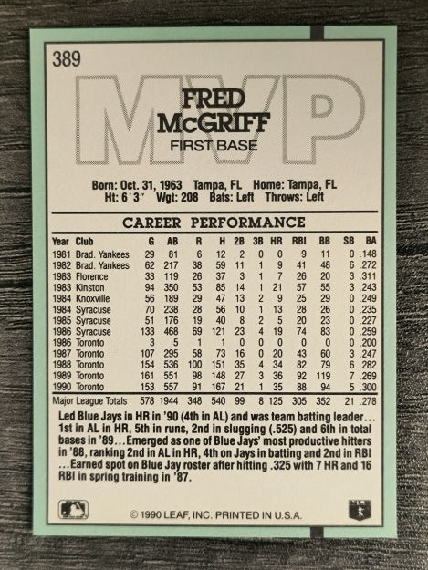 1991 Donruss #389 Fred McGriff MVP