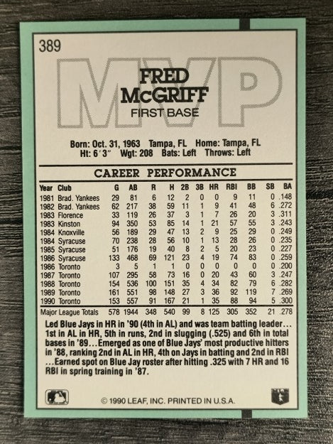 1991 Donruss #389 Fred McGriff MVP
