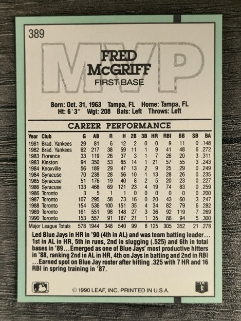1991 Donruss #389 Fred McGriff MVP