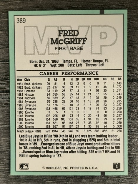 1991 Donruss #389 Fred McGriff MVP