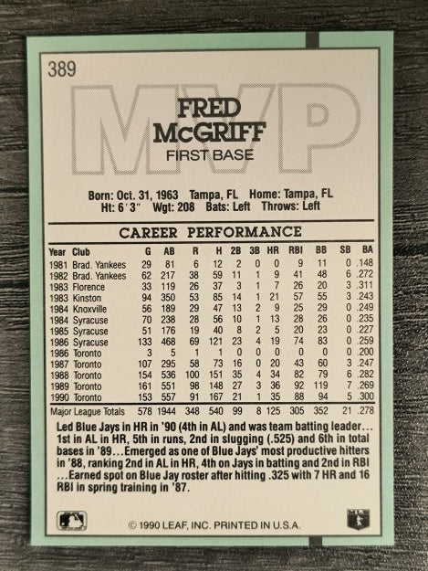 1991 Donruss #389 Fred McGriff MVP