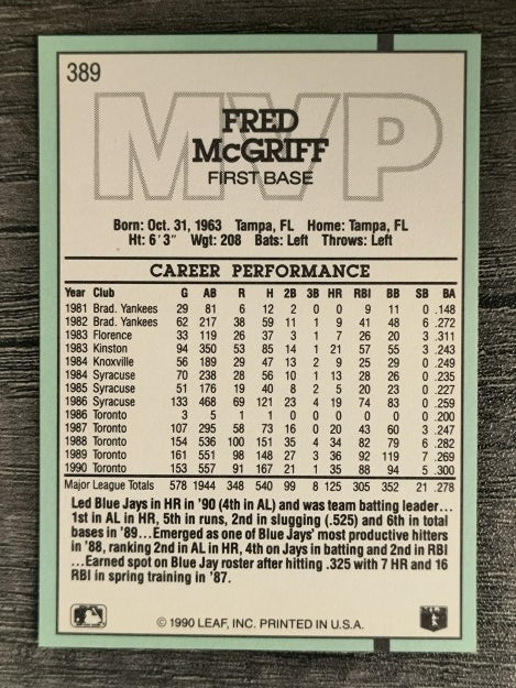 1991 Donruss #389 Fred McGriff MVP