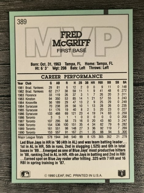 1991 Donruss #389 Fred McGriff MVP