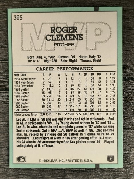 1991 Donruss #395 Roger Clemens MVP