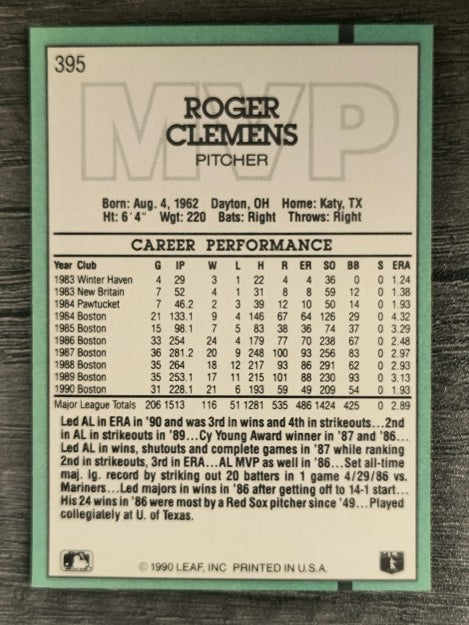 1991 Donruss #395 Roger Clemens MVP