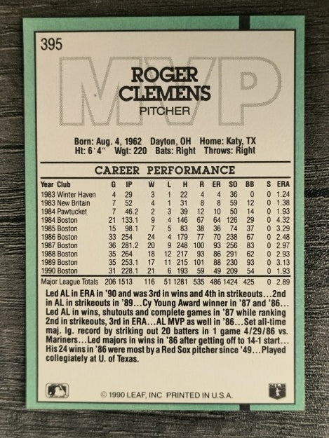 1991 Donruss #395 Roger Clemens MVP
