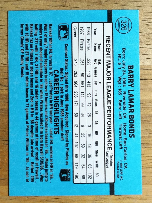 1988 Donruss #326 Barry Bonds