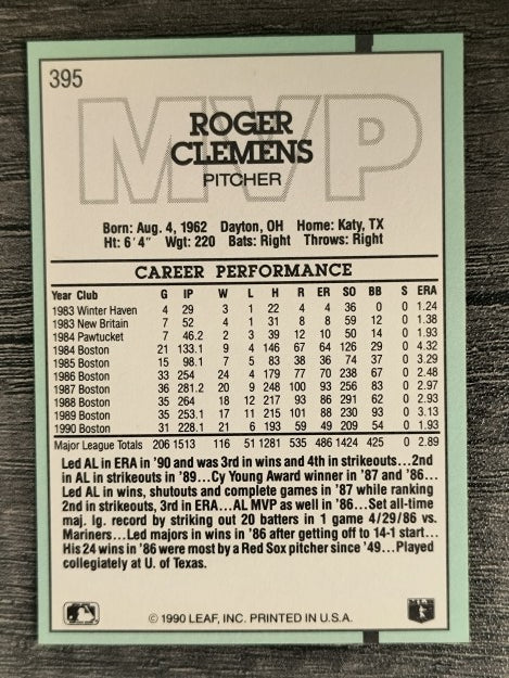 1991 Donruss #395 Roger Clemens MVP