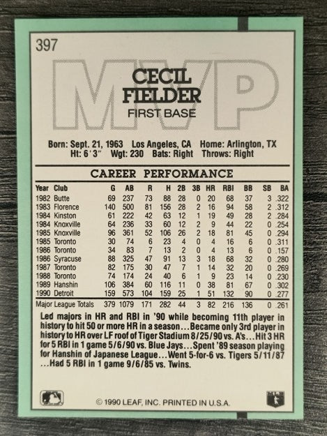 1991 Donruss #397 Cecil Fielder MVP