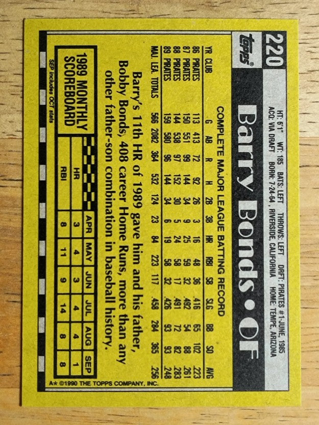 1990 Topps #220 Barry Bonds