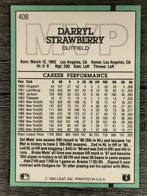 1991 Donruss #408 D. Strawberry MVP